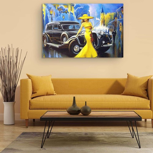 Retro Black Car & Woman in Yellow 90x60cm Framed Premium Quality Wall Art Print - Picture 3 of 3