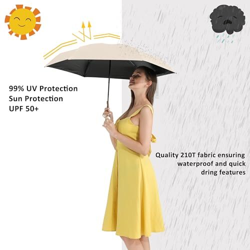 Small UV Protection Travel Umbrella Compact for Rain and Sun UPF 50+ Beige - Picture 4 of 7