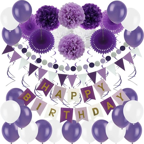Happy Birthday Decoration Set- Paper Fans, Pom Poms, Banner, Swirls & Balloons - 第 1/7 張圖片