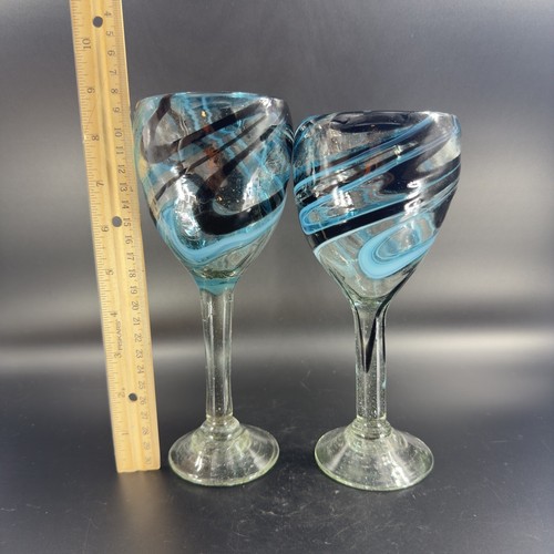 Hand Blown Mexican Glass Goblet Drinking Glasses Set 2 Blue Black Swirl Handmade - 第 8/14 張圖片