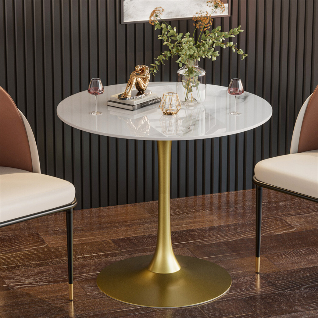 Round Dining Table Marble Tulip Table Modern Bistro Table Golden Pedestal  Table