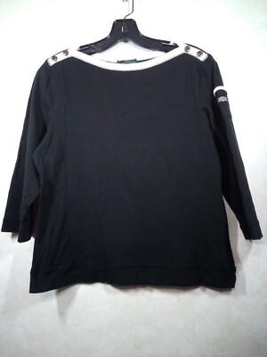 LRL Lauren Jeans Ralph Lauren Top Women L Black Boat 3/4 Sleeve