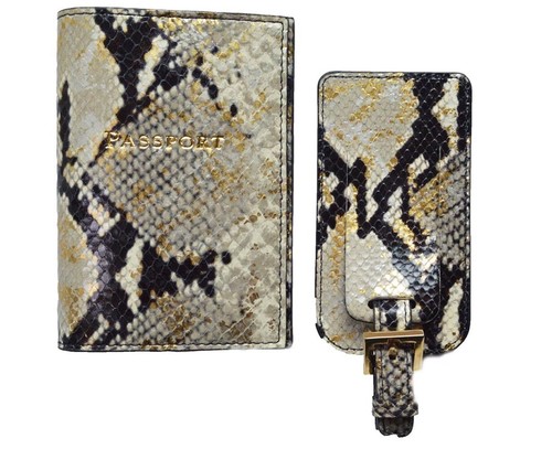 Graphic Image - Embossed Python Leather - Passport Case & Luggage Tag - Gold ...