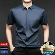 Silk Dress Shirts Business Men Resistant Button Invisible Elastic Tops Male 