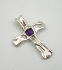HAGIT GORALI ORGANIC STYLE CROSS W/ AMETHYST STERLING SILVER 925  1.75" TALL