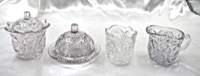 Vtg Sugar & Creamer Covered Butter Dish EAPG Glass Buzz Star Whirligig