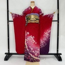 Furisode 6-piece set Japanese Kimono red Classic floral Free shipping S-213