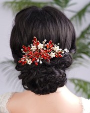 Red Crystal Gold Hair Side Piece Pearl Hair Comb for Wedding Girls Bridal Sho...