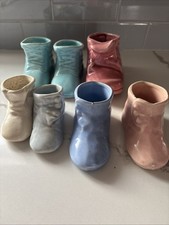 Vintage Pottery Baby Booty Shoe Planter Set Of Seven Pastel Nursery Decor