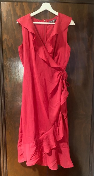 LIZ JORDAN RED LINED FAUX WRAP MIDI DRESS SZ 10 NN