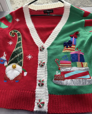 33 Degrees Men's Button-Front V-Neck Gnome Christmas Cardigan Sweater L