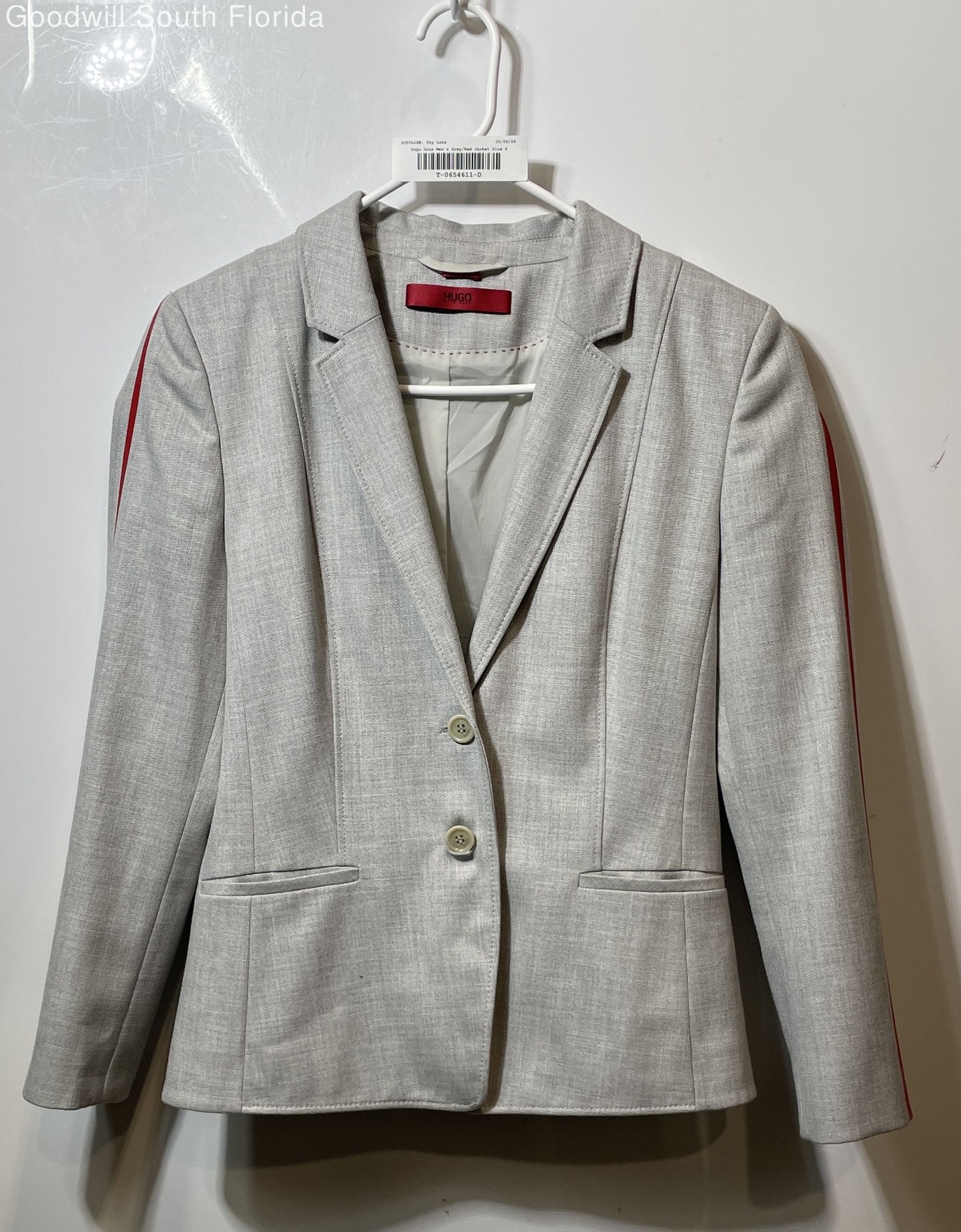 Hugo Boss Womens Gray Red Pockets Long Sleeve Two-Button Blazer Size 4