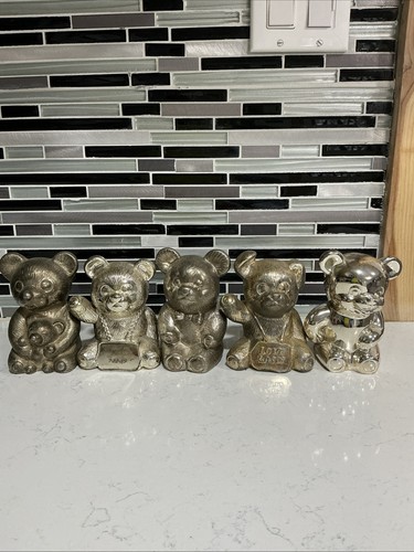 Vintage Teddy Bear Coin Bank Lot Silver Tone Nursery Decor 1980s 1990s Set of 5