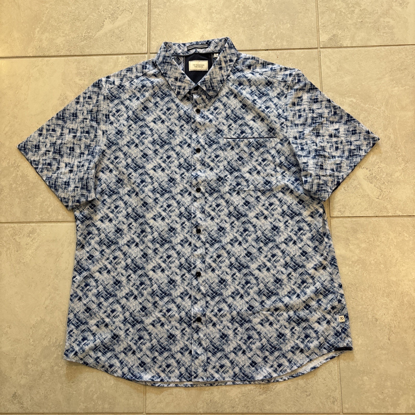 7 Diamonds Shirt Mens Sz XXL 4 Way Stretch Blue Abstract Short Sleeve Button Up