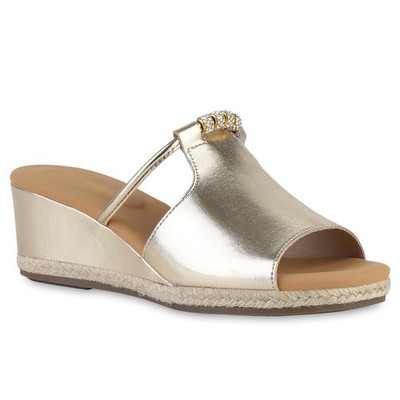 Damen Keilsandaletten Sandaletten Strass Zierperlen Bast Schuhe 841123 Mode