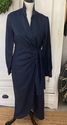 Linen Magaschoni Women's MIDI Wrap Dress Size 8 Navy