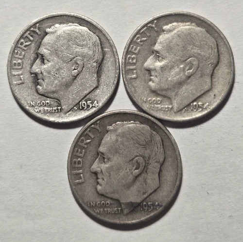 Three 1954 D ROOSEVELT DIMES 10C (#310) Denver, circulated, ungraded