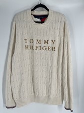 TOMMY HILFIGER men ivory cable knit sweater XXL embroidered logo preppy classic