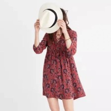 Madewell Size Large 100 Silk Assam Floral Babydoll Dress LaceUp Fall Rust Print