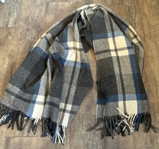 100 Pure Wool Throw Stadium Cabin Blanket 50 x60" Fringe Gray Blue Ivory Plaid