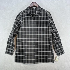 BetU Shirt Womens 10 Black Gray Plaid 100% Silk Button Front Long Sleeve