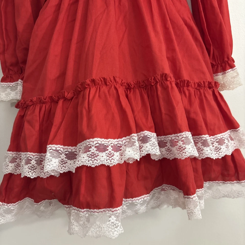 复古 Little Princess 红色蕾丝荷叶边假日派对连衣裙 7 码长袖 — 第 3/4 张图片