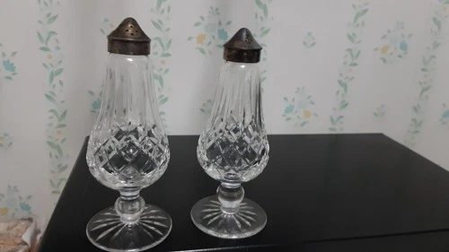 Vtg WATERFORD CRYSTAL Lismore Tall Footed 6.25"  Silver tops need polishing