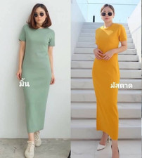 NWoT Charlotte Ribbed Knit Maxi Dress Short Sleeve Raw-Hem Mustard Bust 32" (S)