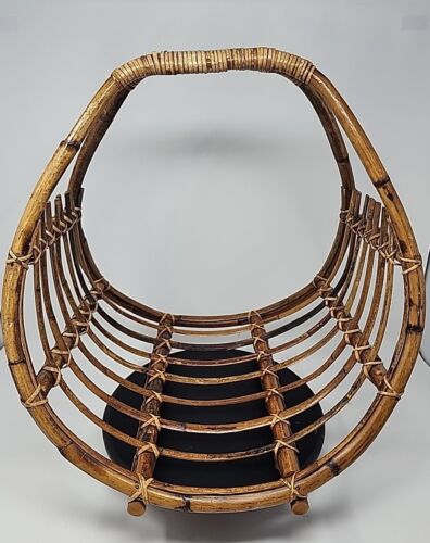 Bamboo Rattan Catch All Basket Stool Vintage Wicker Mid Century Crespi Era - Afbeelding 1 van 10