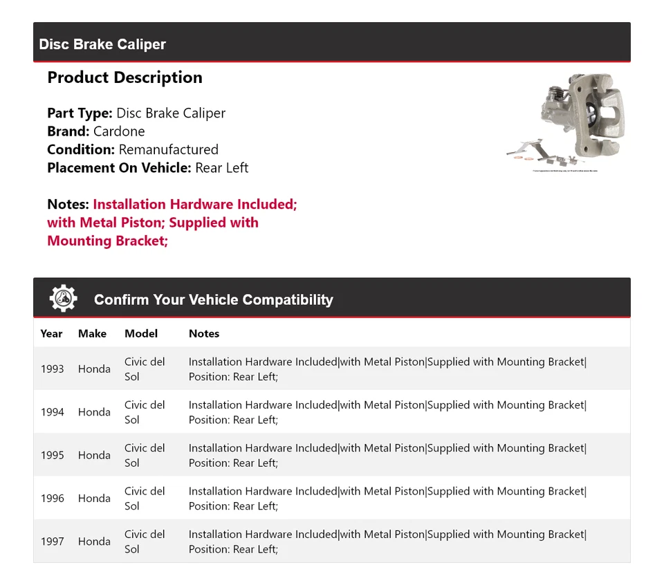 Pinza de freno de disco trasera izquierda cardone 1994 1995 para Honda Civic del Sol 1993-1997 Foto 2 de 4
