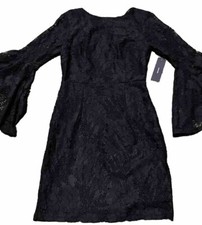 NWT Lulus Black V-Back 3/4 Flared Sleeve Illusion Lace Sheath Mini Dress Sz S
