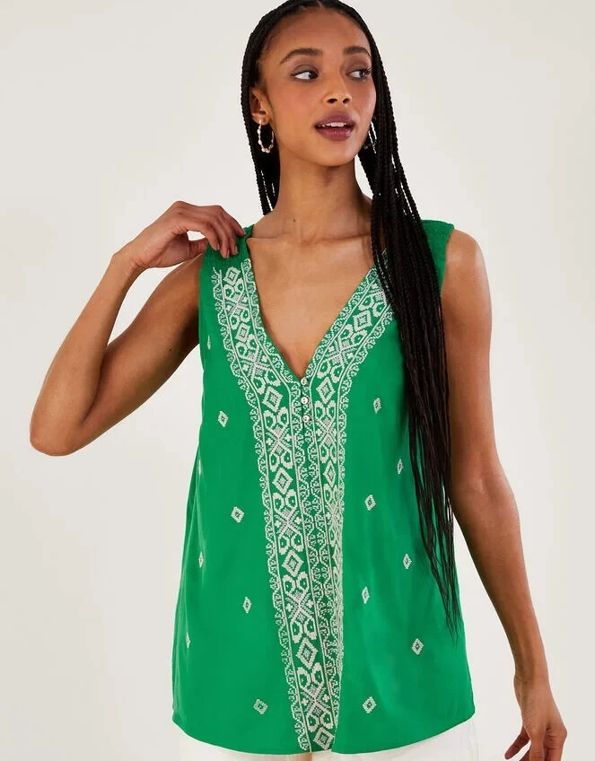 Monsoon Green Embroidered Vest Top Size S 8 10 NEW Sleeveless Blouse Boho - Image 2 of 4