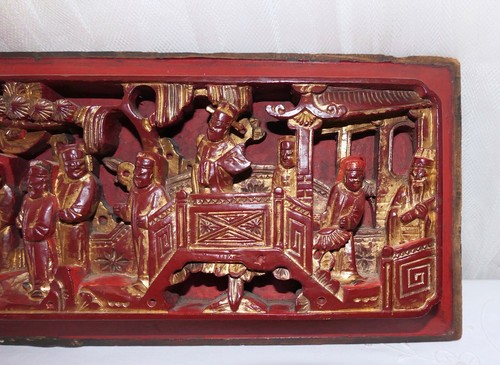 Qing Chinese Hand Carved Red Gold-Gilt High Relief Heavy Wood Temple Scene Panel - Picture 7 of 14