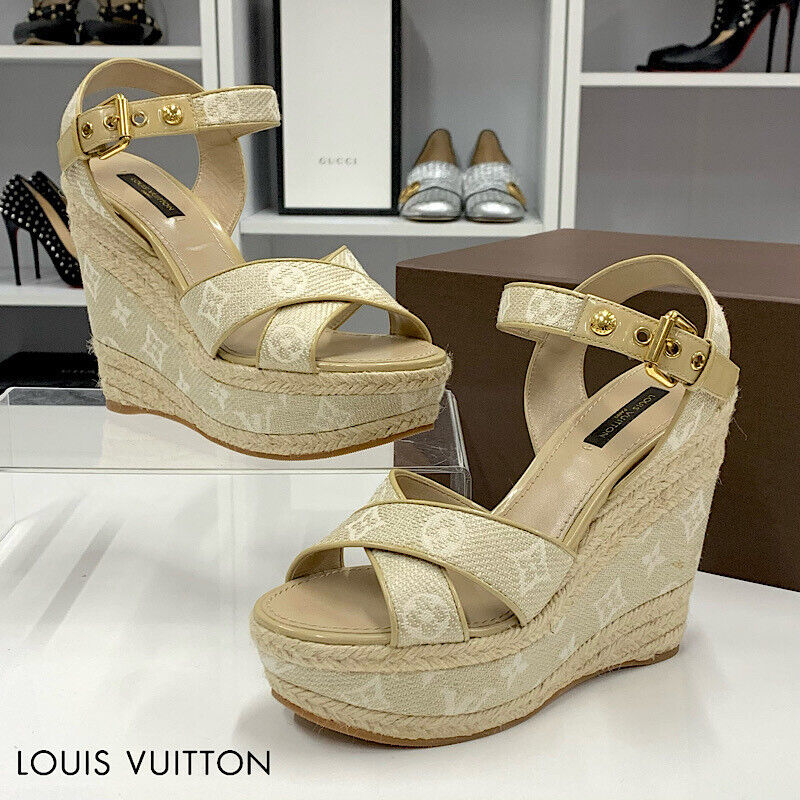 Louis Vuitton Starboard Line Fabric Monogram Wedge Sandals Louis Vuitton Starboard Line Fabric Monogram Wedge Sandals