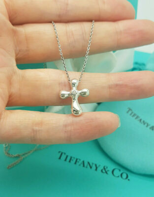 Tiffany & Co. Silver Elsa Peretti Diamond Cross Pendant 16