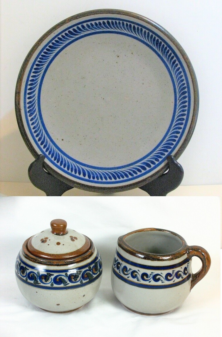 Signed Xochiquetzal Mexico Pottery Stoneware Diner Plate Creamer and Sugar Bowl