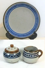 Signed Xochiquetzal Mexico Pottery Stoneware Diner Plate Creamer and Sugar Bowl