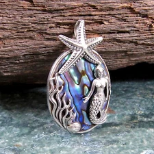 Solid 925 Sterling Silver & Paua / Abalone Shell Mermaid Starfish Slide Pendant