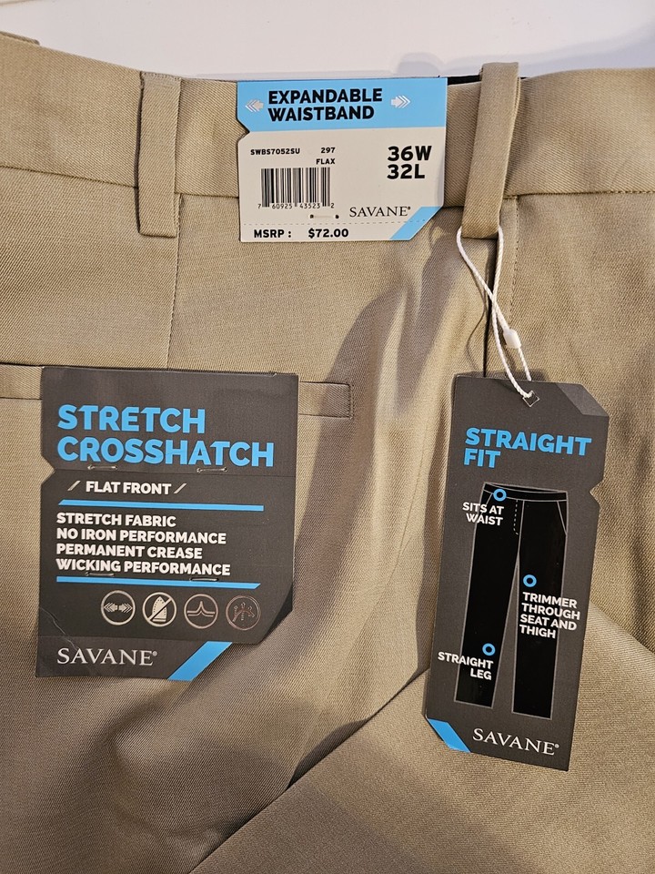 Savane Stretch Crosshatch Men’s NWT Khaki Pants Expandable Waist Size