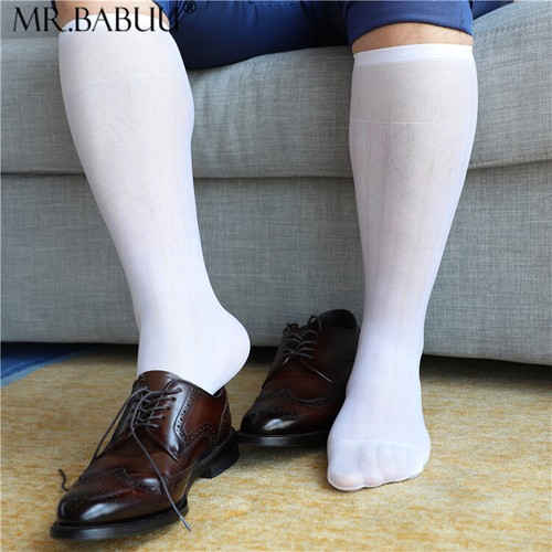 Paquete de 4 Pares Para Hombre A Rayas Anchas Sexy Vestido Transparente Elástico Chinlon Seda Traje Calcetines - Imagen 6 de 13