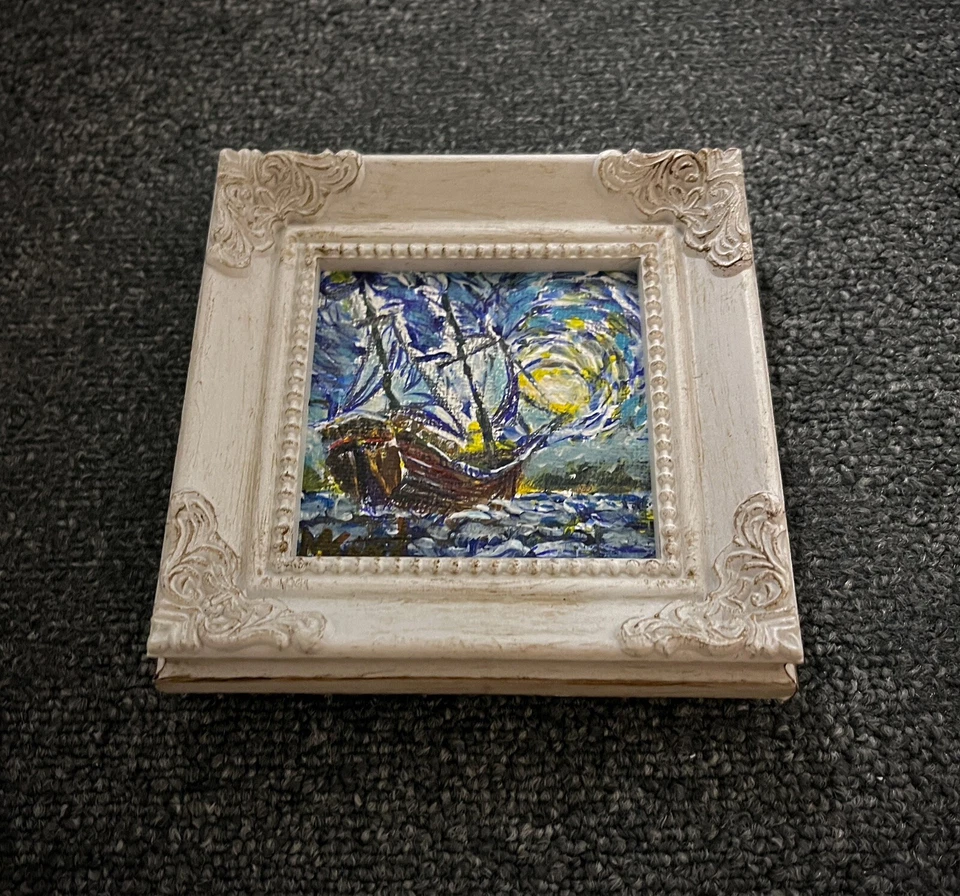 "Miniatura Original Van Gogh Velero Pintura Paisaje Marino Firmado Enmarcado 3x3"" Arte MK Foto 4 de 4