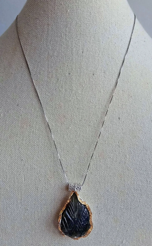 COLLIER ARGENTO STERLING RODIATO E DORATO CON LABRADORITE NATURALE INCISA - Immagine 3 di 4