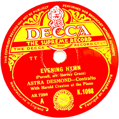 ASTRA DESMOND - Evening Hymn / Mad Bess - Decca Record K.1098 - 12'' Record