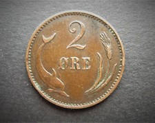 DENMARK BRONZE 2 ORE 1897 VBP  / SNIFF'S  ANCIENT COINS T-4