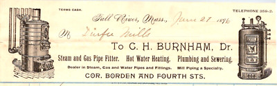 1894 C H Burnham Steam & Gas Pipe Fitter Hot Water Heating  FALL RIVER MA AA30