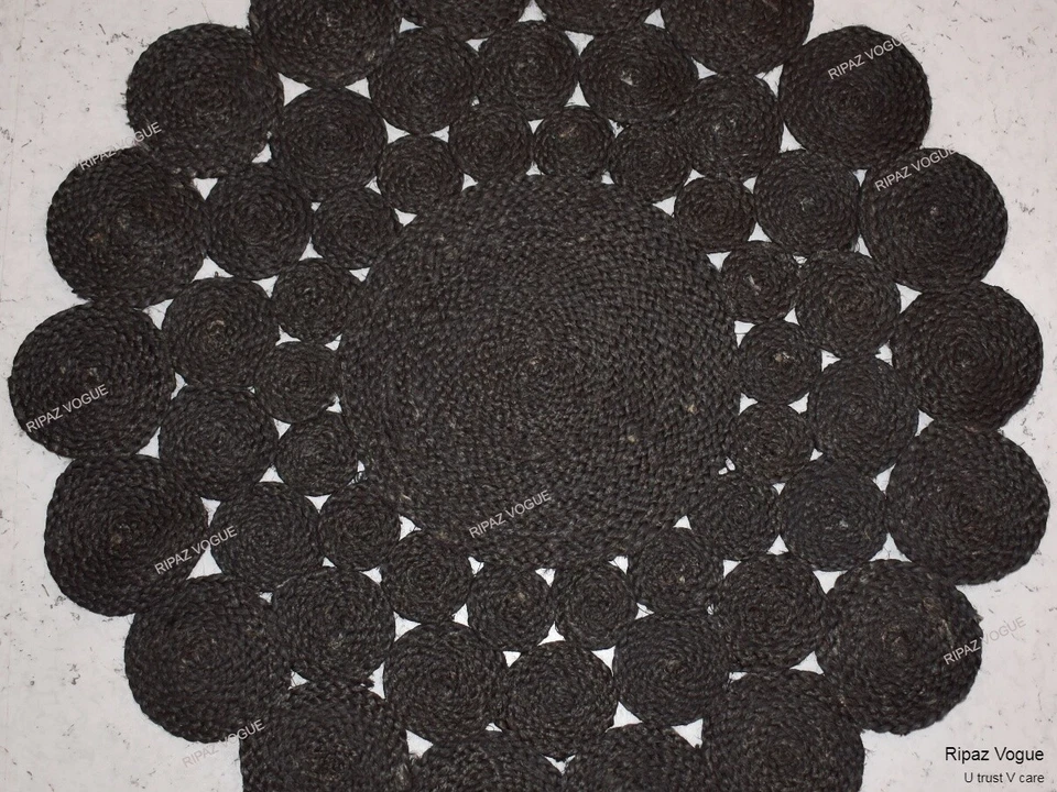 Jute Rug Black Round Circle Design Area Rug for Living Room, Bedroom, Office - Image 2 of 4