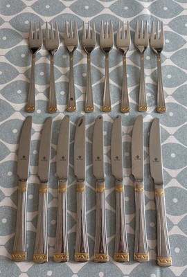 Bergmann Solingen Christel Vintage vergoldet Besteck Kuchengabeln & Messer x 8
