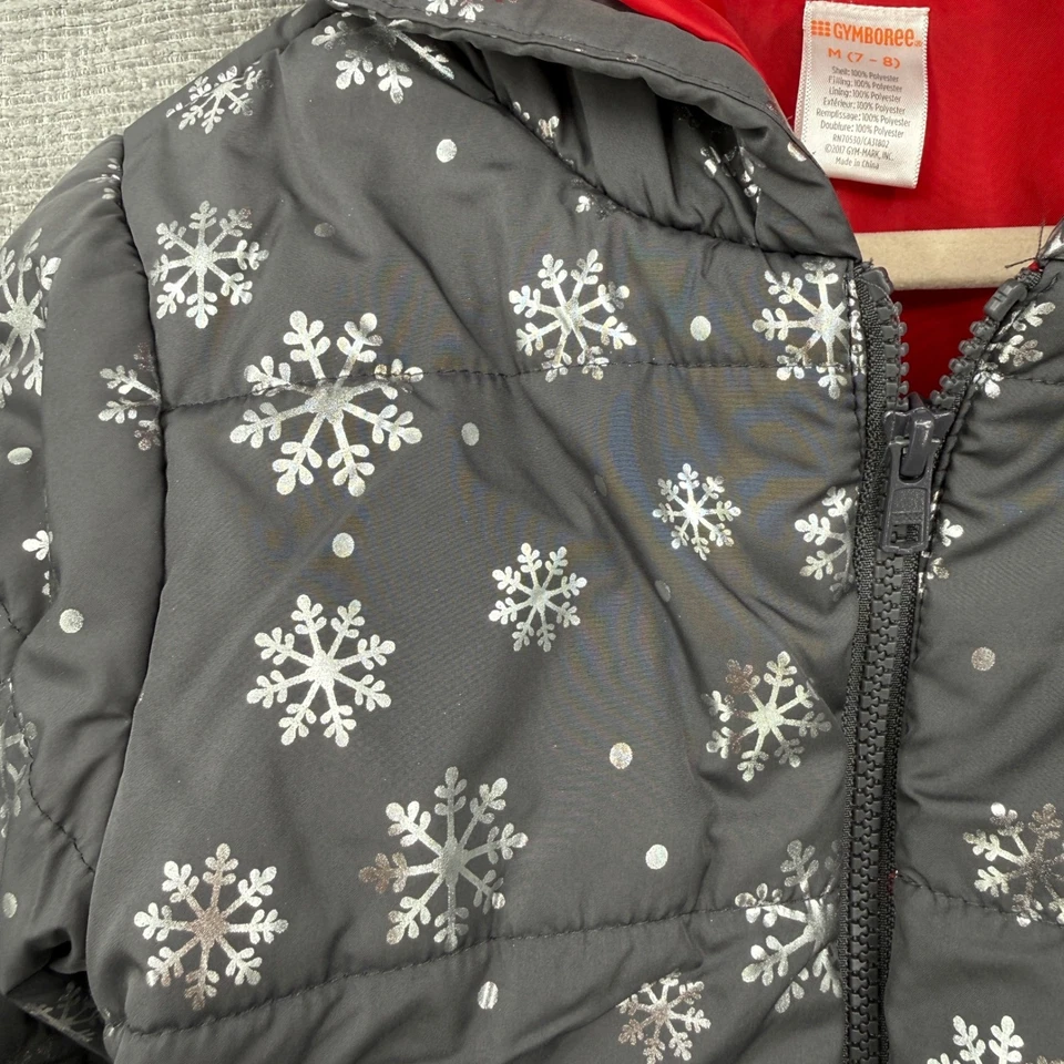 Gymboree Girls Gray Snowflake Puffer Jacket Hooded Winter Coat Size M 7-8 - Image 4 of 4