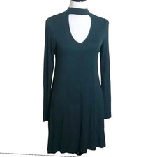 Express Fit Flare Dress S Green Choker Cutout V-Neck Long Sleeve Mini Stretch