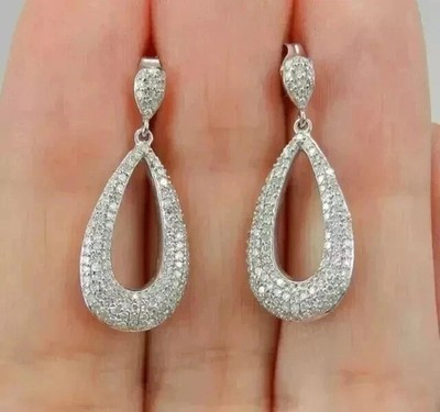 2 Ct Round Cut VVS1 Moissanite Women Dangle Drop Earrings 14K White Gold Plated